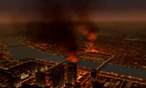 City burning and in ruins